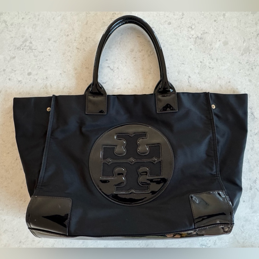 Tory Burch Black Nylon Tote with Patent Logo